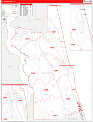 St. Johns County, FL Wall Map Zip Code Red Line Style 2023